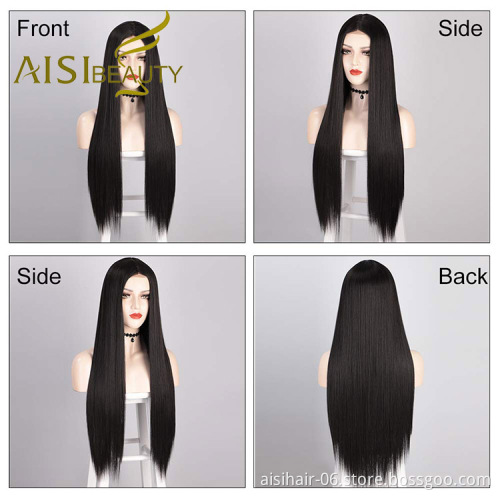 Aisi Beauty Wholesale Vendor Cheap Long Silky Straight Black Wig Swiss Lace Synthetic Hair For Black Women Lace Front Wig